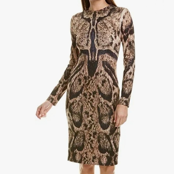 Yigal Azrouël Clouded Leopard Printed Scuba Sheath Fitted Dress NWT Size 6 - Picture 1 of 13